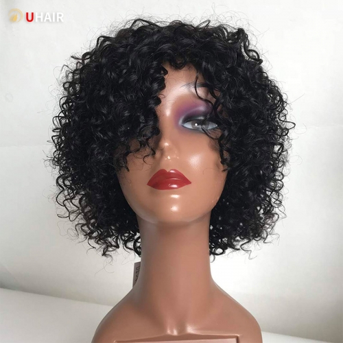 UHAIR Braided Short Human Hair Wigs with Bangs Brazilian Bob Kinky Curly Virgin Wigs