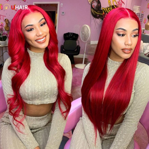 UHAIR 99j Red Wine Straight Colored Lace Front Wigs 150% Density Brazilian Virgin Human Hair Wigs for Black Women