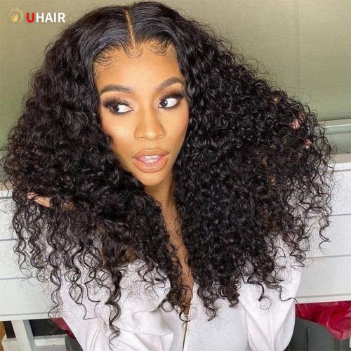 UHAIR Natural Black 180% Density Human Hair Topper Curly Wigs 13x4 Lace Frontal Wigs