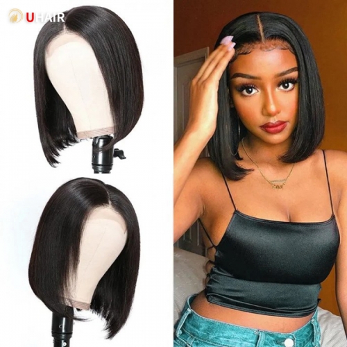 UHAIR Natural Black 4x4 Lace Front Wig Straight Bob 150% Density Human Hair Wigs