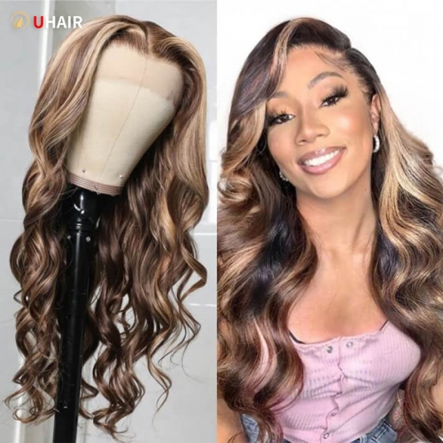 UHAIR Colored Wig Highlight Ombre 13x6 Lace Frontal Wigs P4/27 180% Density for Women with Natural Hairline