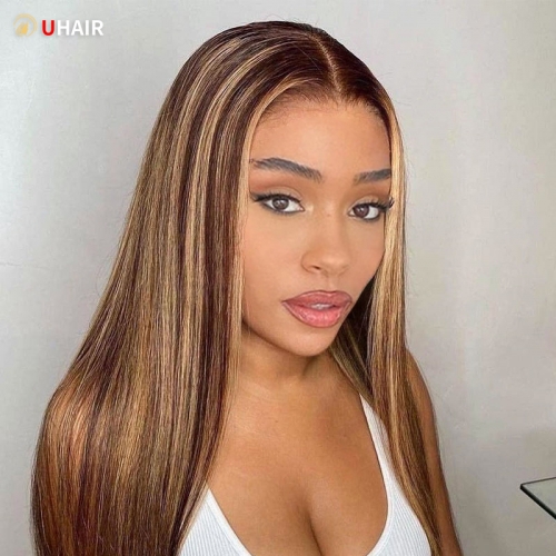UHAIR 13x4 HD Lace Straight Wigs 180% Density Piano Honey Blonde Human Hair Wig