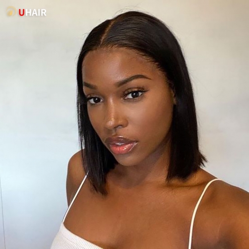 UHAIR 150% Density 13x4 Lace Frontal Straight Black Short Bob Wig Pre Plucked Lace Front Human Hair Wigs