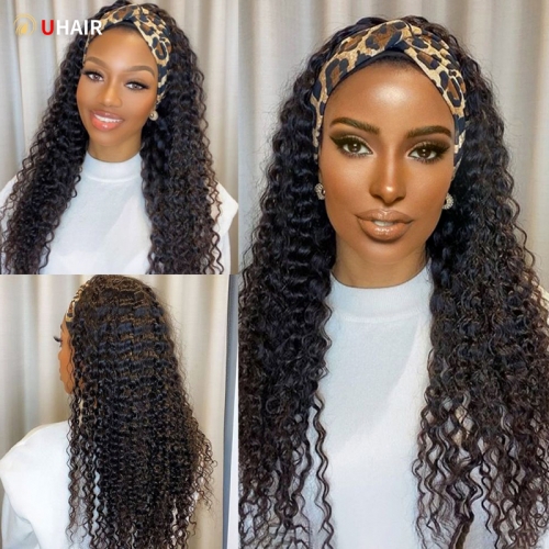UHAIR Water Wave Headband Wig Human Hair Hand Made 150% Density Glueless None Lace Front Headband Wigs