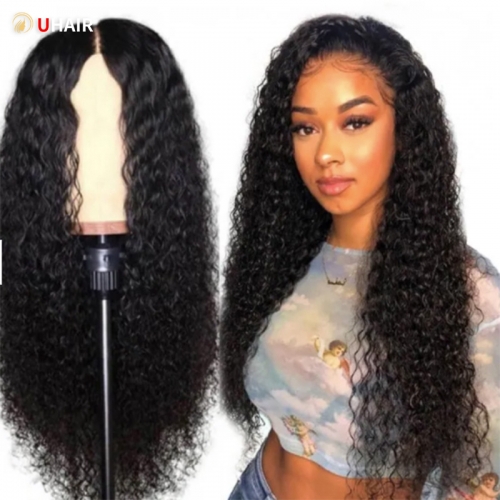 UHAIR 150% Density Pre Plucked T Part Human Hair Wet and Wavy Wigs Transparent Lace Frontal Curly Hair Wig