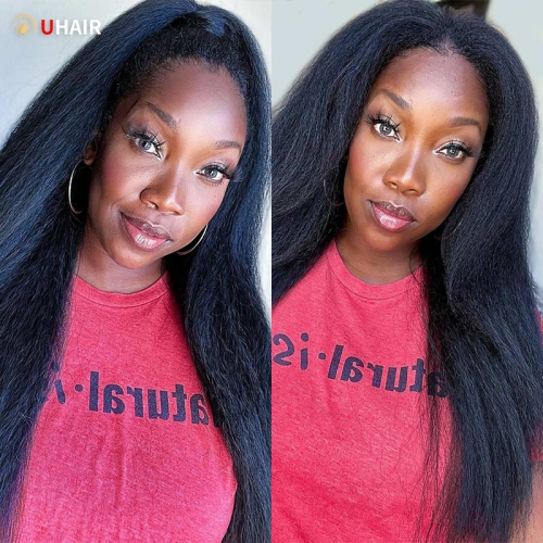 UHAIR Kinky Straight Hairstyles 13x6 Lace Wig 180% Density Natural Black Human Hair Wig