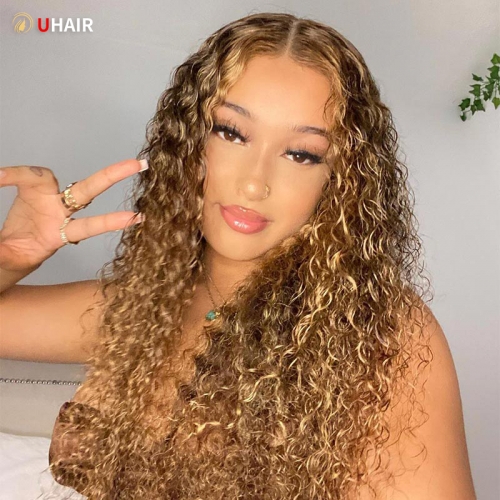 UHAIR Ombre P4/27 Highlight Human Hair 150% Density Honey Blonde Colored Wigs - 13x4 Curly Lace Front!