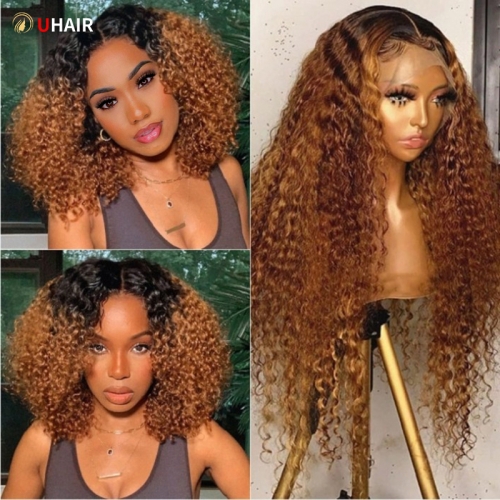 UHAIR Ombre Curly Human Hair Wigs - 1b/30 Two-Tone Blonde, Dark Roots, 13x4 Lace Front with Baby Hair!