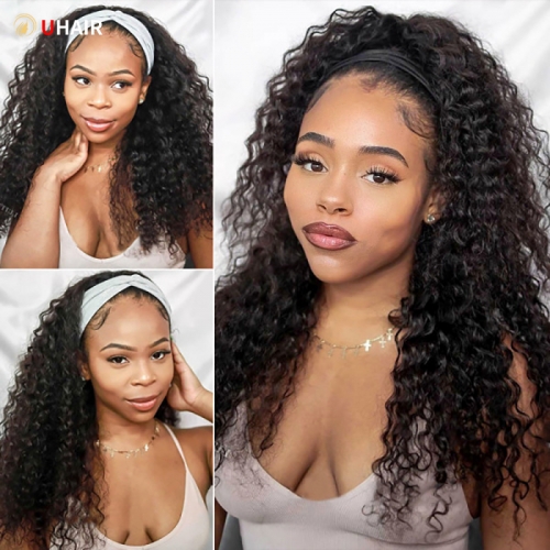 UHAIR 14-30 Inch Deep Wave Bundles Headband Wig Human Hair Headband Wigs Glueless Non Lace Wigs