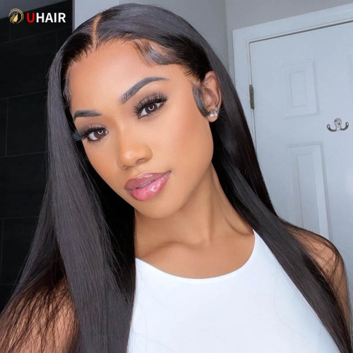 UHAIR Straight Lace Frontal Wigs Transparent Wigs 150% Density 13x4 Lace Front Wigs Black Human Hair Wigs