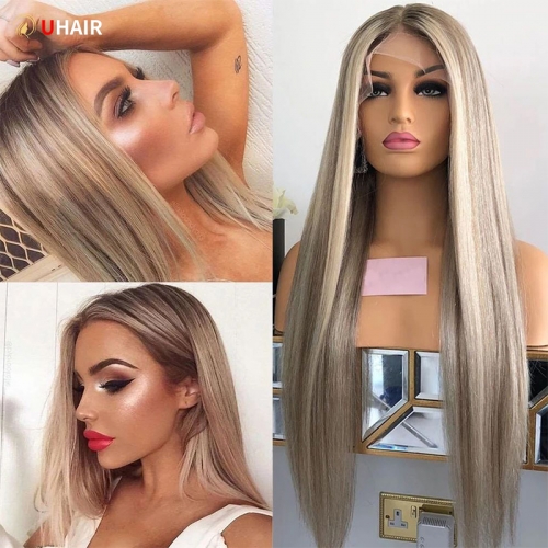 UHAIR 150 Density Human Hair Wigs Lace Front Pale Platinum Balayage Color 13x4 Lace Front Wigs for Women