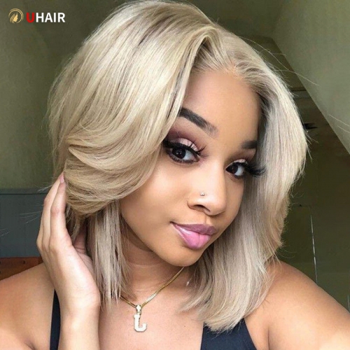 UHAIR Short Bob Wigs 13x4 Lace Front Wigs Gray Blonde Wig with Brown Highlights Straight 12 Inch Bob Jewish Wig