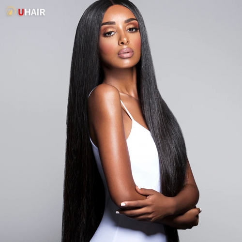UHAIR Natural Black Straight Wigs 13x6 HD Lace Frontal Free Part Wig Glueless Cap 200% Density Wig
