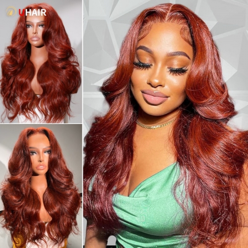 UHAIR 13x4 Lace Front #33 Reddish Brown Wig 180% Density Human Hair Wigs Body Wave Wig