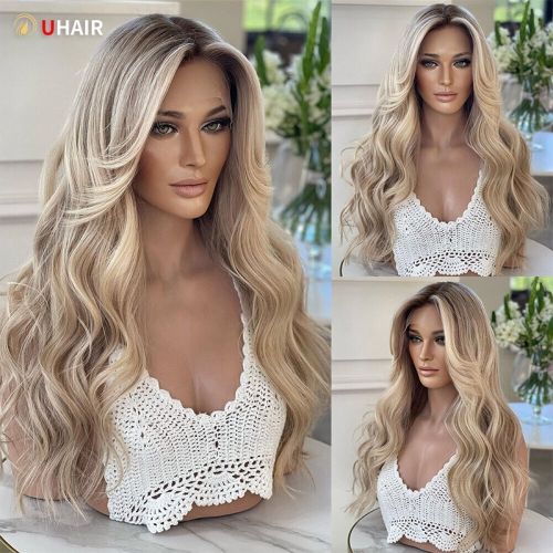 UHAIR Brazilian Hair Bundles Highlight Blonde Ombre 150 Density Lace Front Wig Body Wave Human Hair Wig