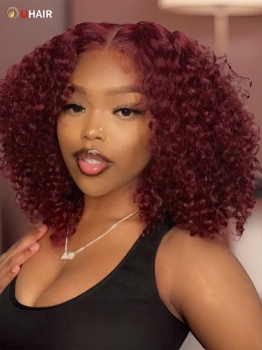 UHAIR Gluelesswigs Auburn Brown Color Afro Kinky Curly 100 Human Hair Wig with Kinky Curly Bundles