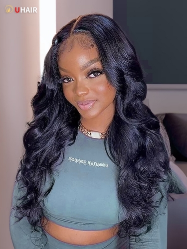 UHAIR Body Wave 13x4 Lace Front Wig Long Human Hair Wigs Natural Black Hair Pre-plucked Wig with Baby Hair
