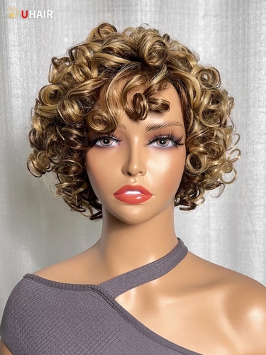 UHAIR Curly Wigs with Bangs Big Blonde Wigs for Black Women Light Brown Short Wigs Black Synthetic Hair Natural Wigs