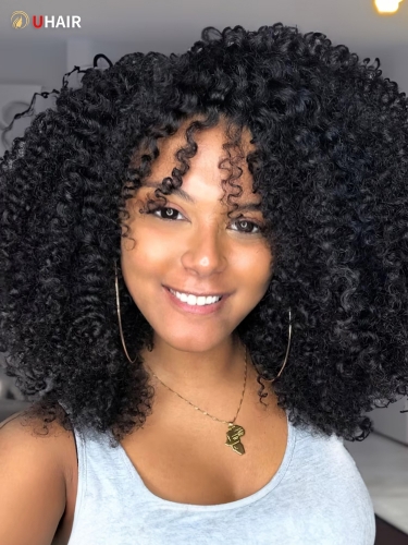 UHAIR Afro Curly Wig with Bangs Short Black Human Hair for Women 12 inch Wig