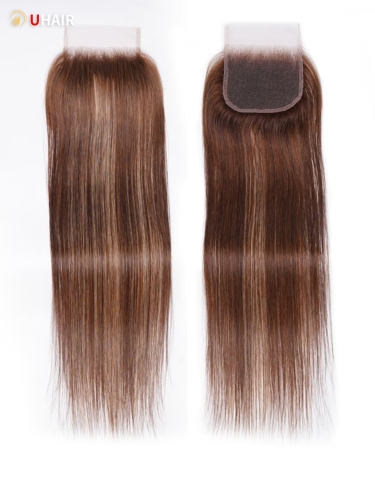 UHAIR Brown Blonde Highlight Straight 4x4 Free Part Lace Closure Brazilian Remy Human Hair Extension