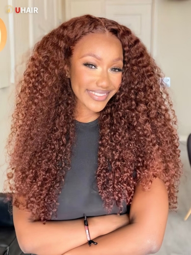 UHAIR 13x4 Lace Front Kinky Curly Mahogany Red Brown Wig Human Hair For Woman