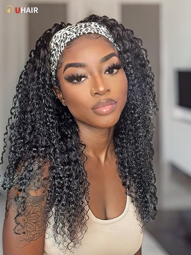 UHAIR Headband Scarf Wig Water Wave Natural Black Human Hair Wig No Plucking No Glue No Sew Wigs for Women