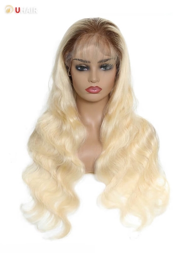 UHAIR Full Lace Wig Remy Human Hair T4 613 Blonde Body Wave with Plucked Invisible Lace Wig