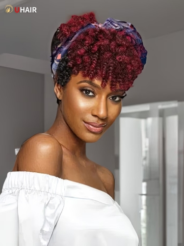 UHAIR Dark Red Highlight Glueless Spring Twist Short Wig Headband Human Hair Wigs