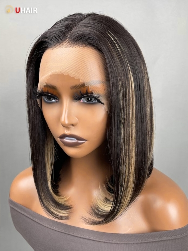 UHAIR 12 Inch Short Bob 4x0.75 Lace Part Salt and Pepper Inspired Straight Bob Wig