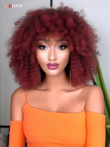 UHAIR Burgundy Curly Afro Wig Glueless Beginner Friendly Summer Hot Color Bob Wigs