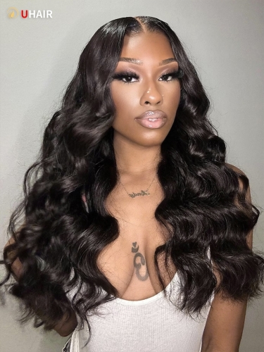 UHAIR 3 Bundles Brazilian Body Wave Human Hair with T Part Lace Closure Wig