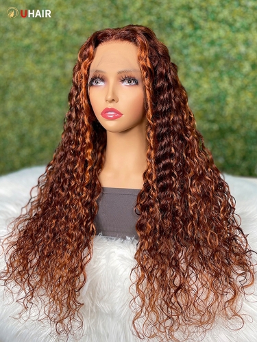 UHAIR 13x4 Lace Front Ginger Brown Hair Highlighted Water Wave Human Hair wig