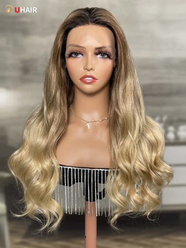 UHAIR Warm Honey Blonde with Shadow Roots 13x4 Lace Front Loose Wave Wig Human Hair