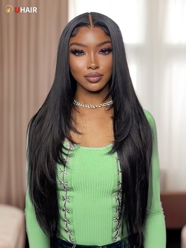 UHAIR Layered Straight 13x4 Transparent Lace Front Wigs Human Hair with Baby Hair 150% Density Natural Black