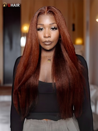 UHAIR 13x4 Lace Front Wig Natural Black Reddish Brown Kinky Straight Hair 4C Hair 150% Density Wig