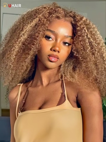 UHAIR Honey Blonde Afro Kinky Curly 13x4 Lace Front Wigs with Type 4c Edges Baby Hair Wear Go Glueless Wig