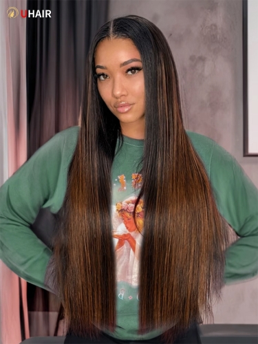 UAHIR Glueless U Part Human Hair Straight Wig for Beginners with Brown Partial Highlights