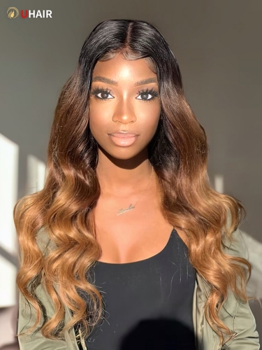 UHAIR Free Part 4x4 Lace Closure Wig 1 Bundle T1B/4/27 Ombre Body Weave Hair Wig