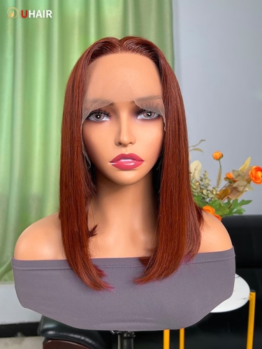 UHAIR Dark Copper Red Straight Bob Wig 13x4 Pre Cut Lace Human Hair Wigs with Elastic Band 150 Density