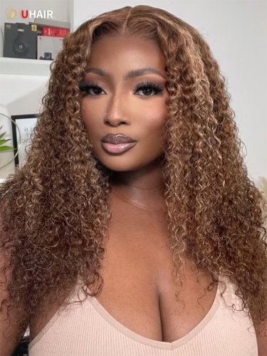 UHAIR Beginner Friendly Human Hair Lace Wigs Jerry Curly Hair Honey Blonde Wig