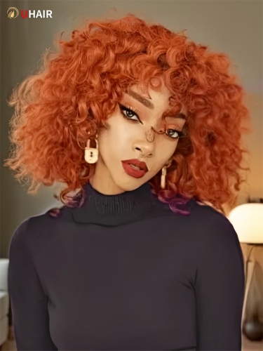 UHAIR Afro Kinky Curly Wig No Lace Orange Bouncy Short Bob Wigs with Bangs Pixie Cut Human Hair Wigs