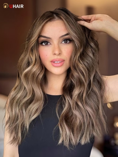 UHAIR Brown with Honey Blonde Highlights Dark Roots Hair Wavy Wigs