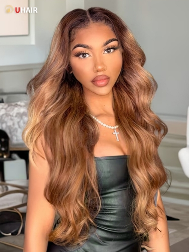 UHAIR 9A Honey Brown Highlight 13x4 Lace Front Body Wave Human Hair Wig Pre-Plucked with Baby Hair
