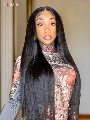 UHAIR Pre Plucked Natural Black U Part Wig Human Hair Straight 150% Density Glueless Middle Part Wig