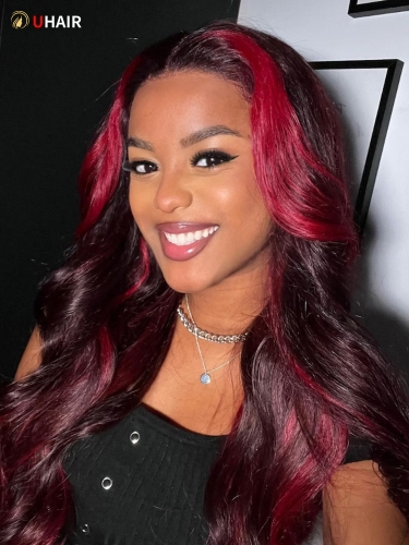 UHAIR Dark Burgundy With Rose Red Highlights 13x4 Lace Wig Front 150% Density Loose Wave Wig