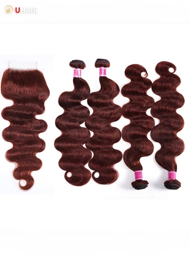UHAIR Body Wave 4 Bundles Free Part Lace Closure Brazilian Remy Hair Copper Dark Auburn Red Hair Extensions
