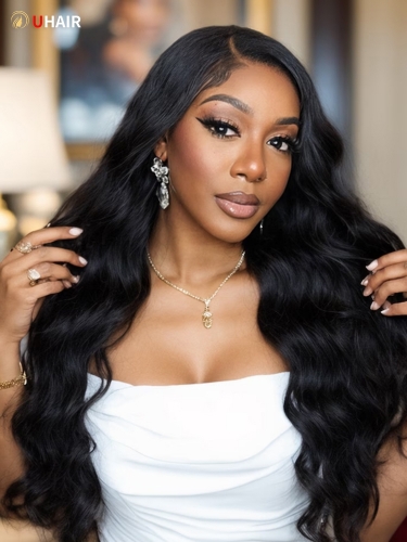 UHAIR Body Wave 13x4 Transparent Lace Front Wig Pre-Plucked Natural Hair Extensions Black Wig