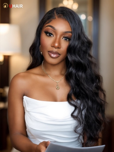 UHAIR Body Wave 13x4 Transparent Lace Front Wig Pre-Plucked Natural Hair Extensions Black Wig