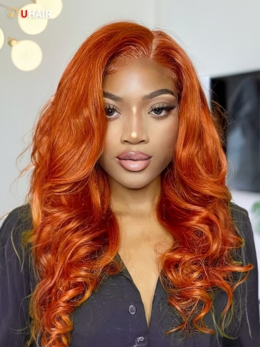 UHAIR Orange Ginger Colored 13x4 Invisible Lace Front Wig Human Hair Body Wave Brazilian Virgin Wigs 150 Density