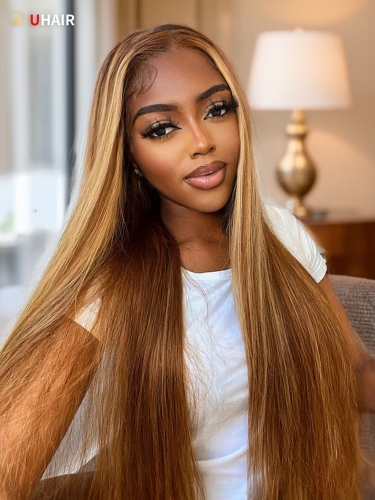 UHAIR 4x0.75 T part Lace Wig 150% density Long Straight Hair Wigs Honey Blonde Brown Highlight Wig